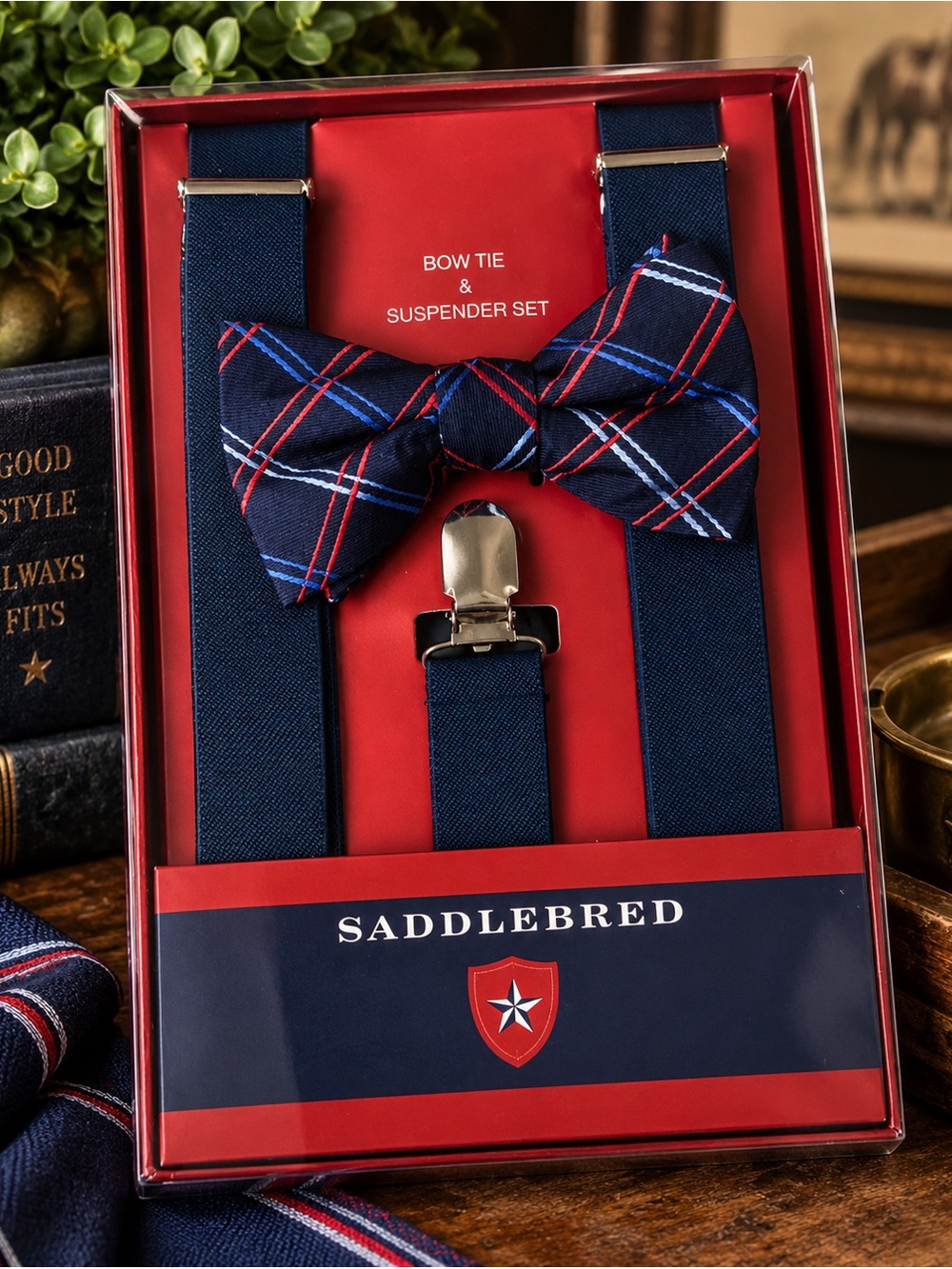 Saddlebred Men's Navy Plaid Bow Tie and Suspender Set New In Box